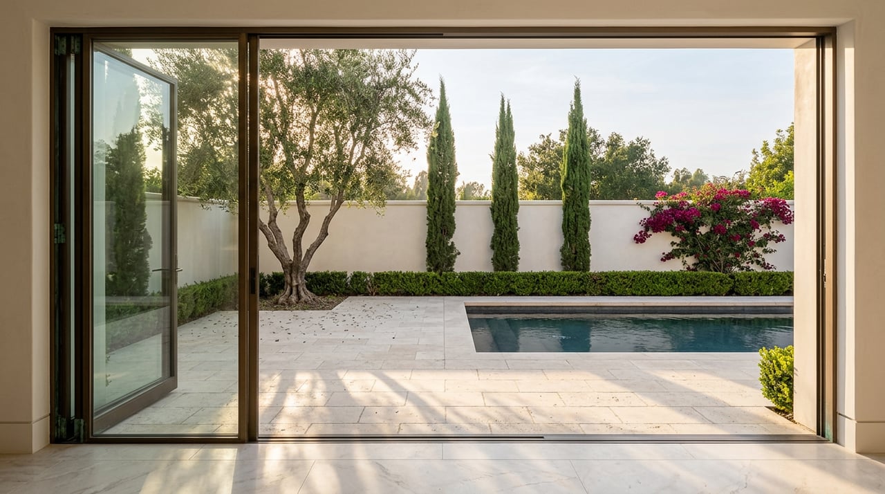 Open glass doors lead from a pale stone floor onto a terrace with a pool, olive tree, cypresses, and bougainvillea.
