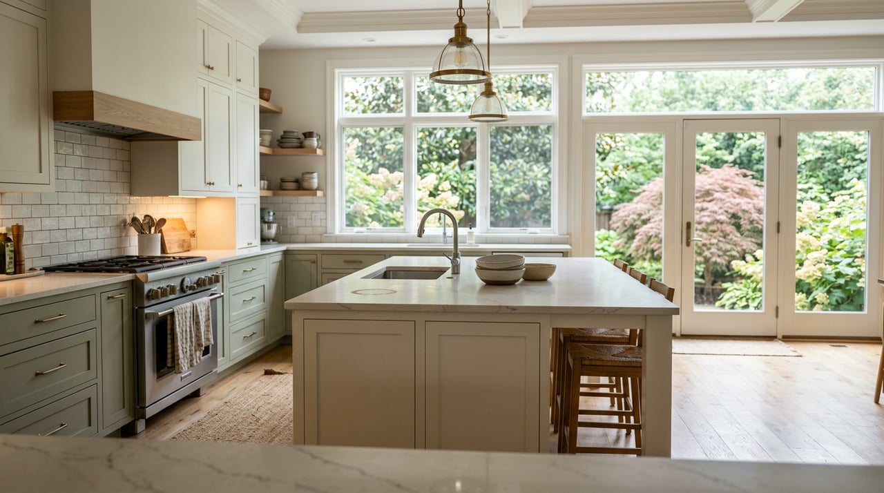 Sage-green kitchen with a waterfall quartz island, brass pendants, and leafy trees beyond the French doors.
