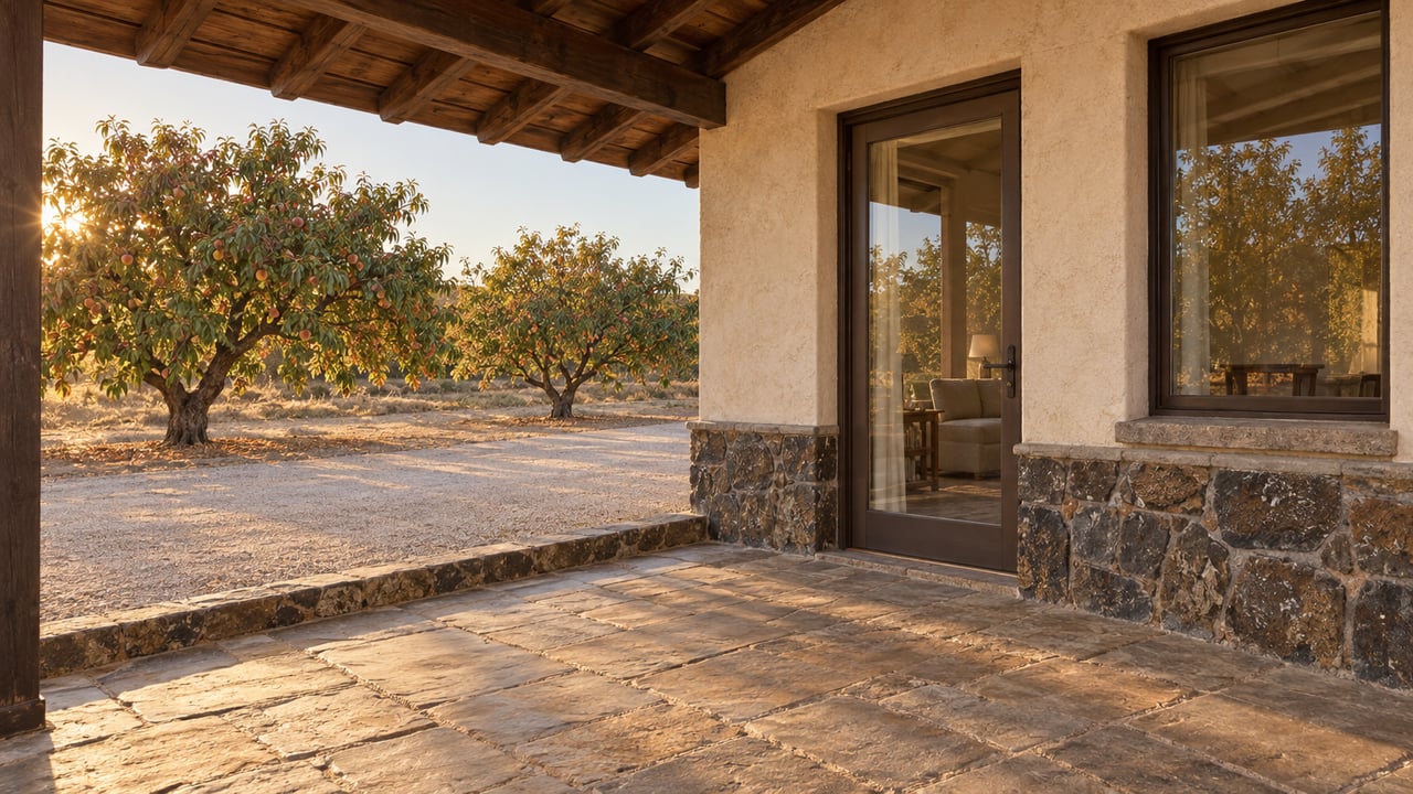 Ranch house porch with glazed door, sandstone paving, and two peach trees beyond a gravel apron.