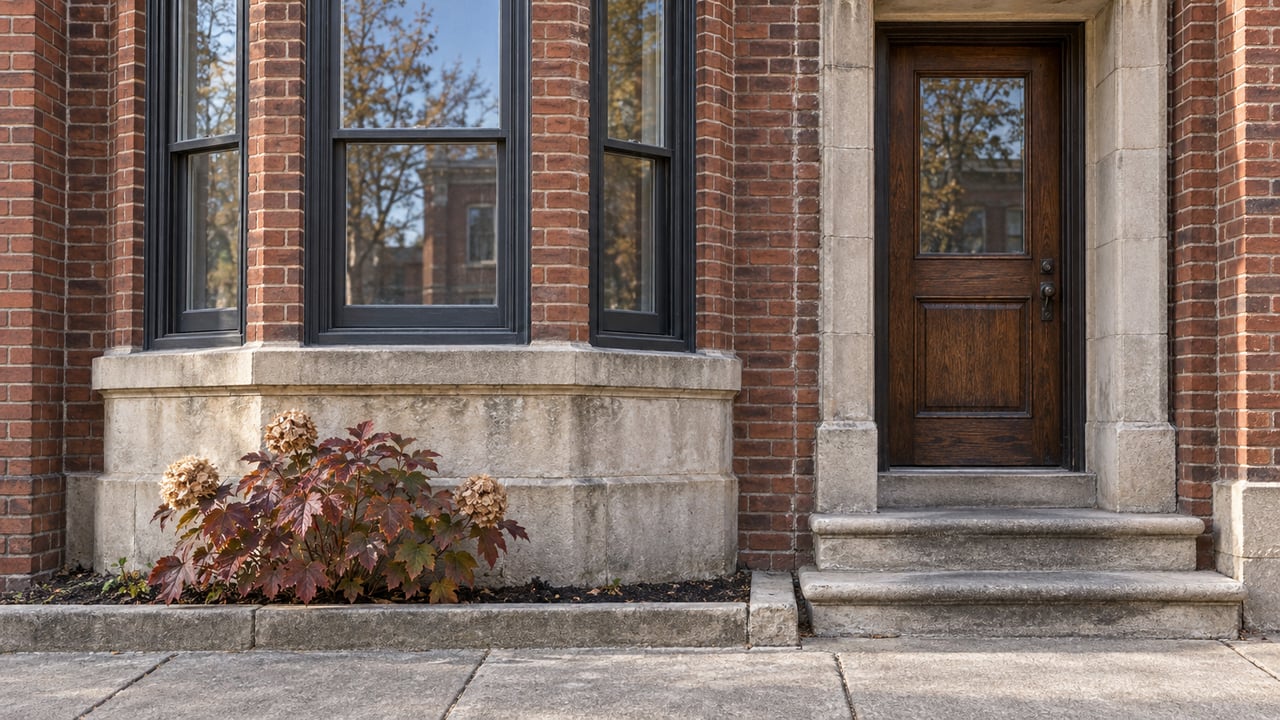 Restored russet brick residence with a charcoal window bay, worn limestone steps and burgundy oakleaf hydrangea.