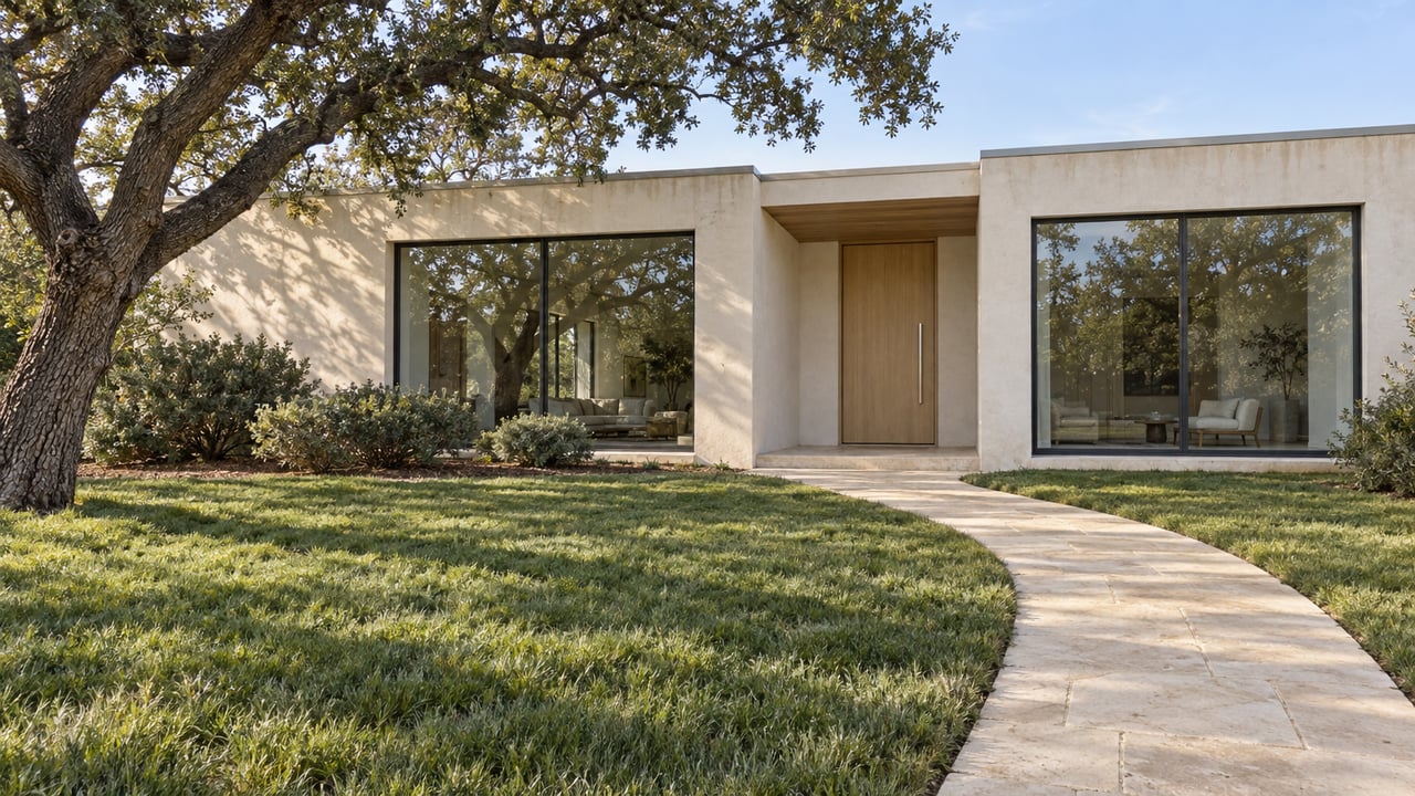 Contemporary ivory-plaster home behind a deep lawn, with a spreading oak, pale stone approach and broad glazed rooms in winter afternoon light.