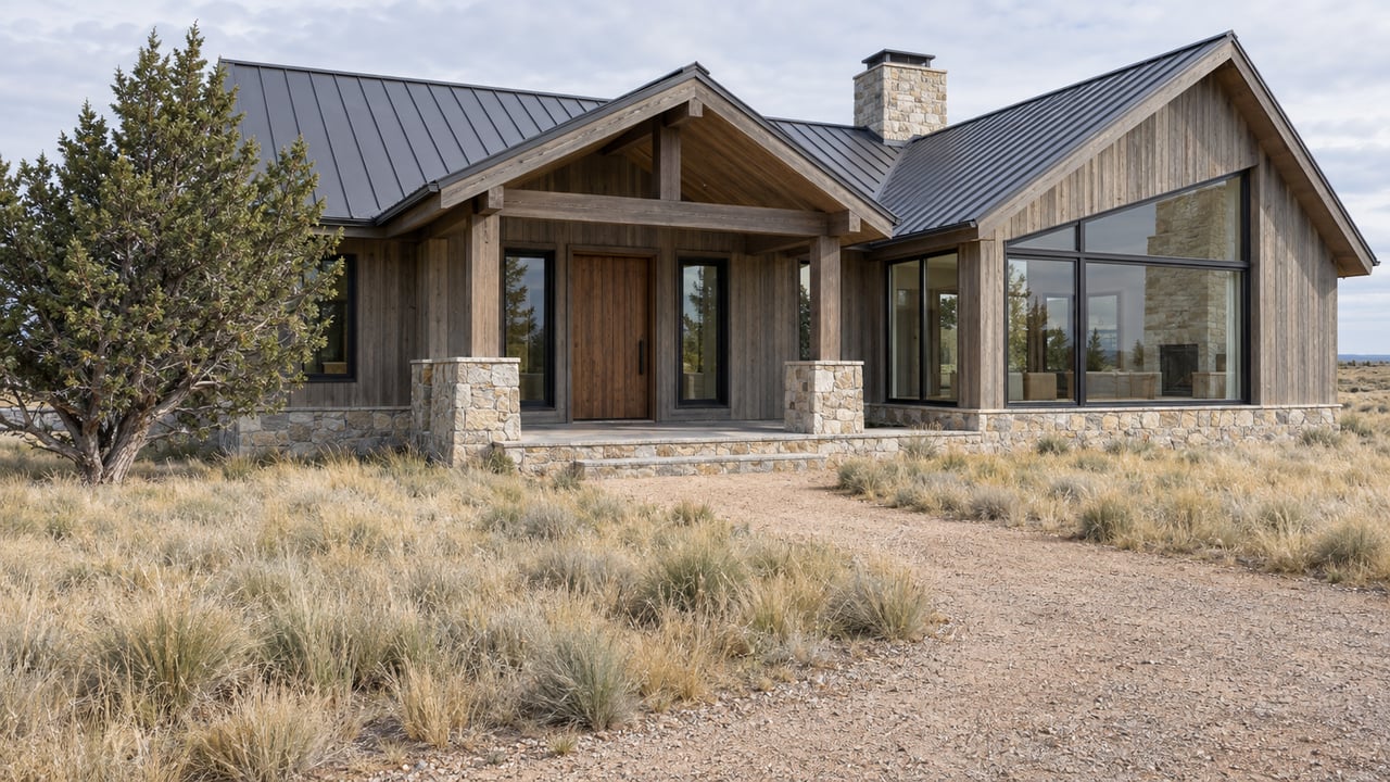 Timber-sided home with a charcoal metal roof, stone porch piers, and a juniper beside the meadow approach.