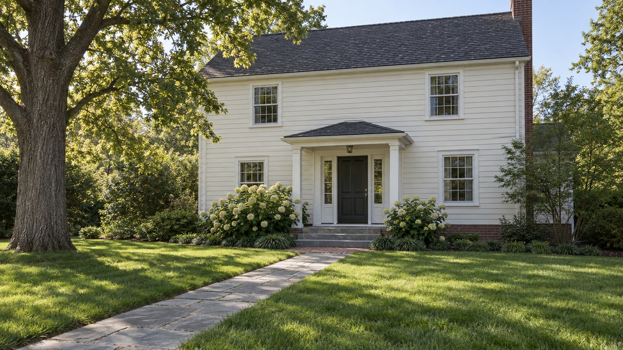 Off-white two-story home with a brick chimney, white-columned entry, and stone walk crossing a broad lawn.