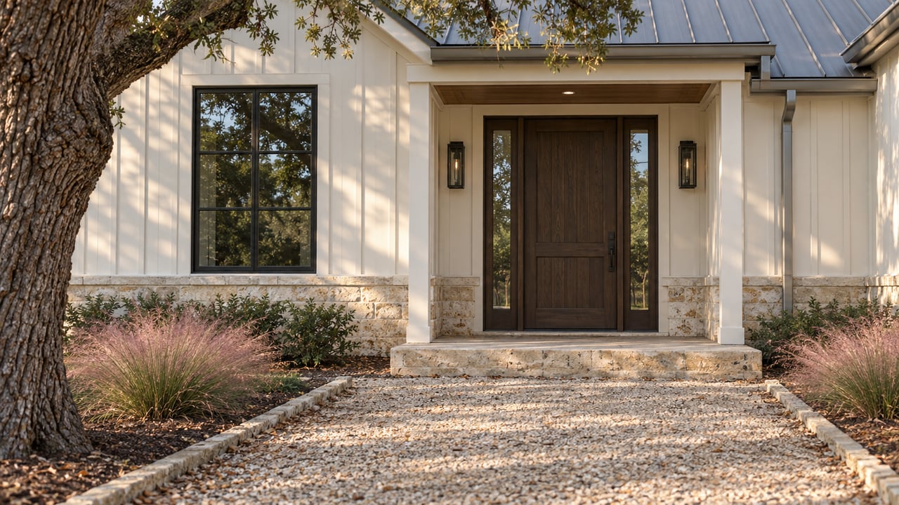 Estate house entry with a dark oak door, limestone step, and oak tree beside the approach.
