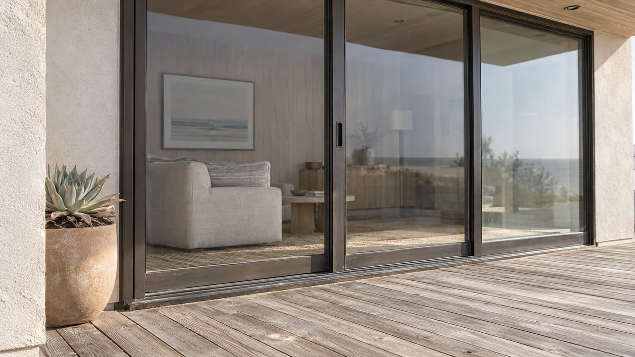 Coastal home’s glass sliding doors open onto a weathered ash deck, with a potted Dudleya beside the stucco wall.