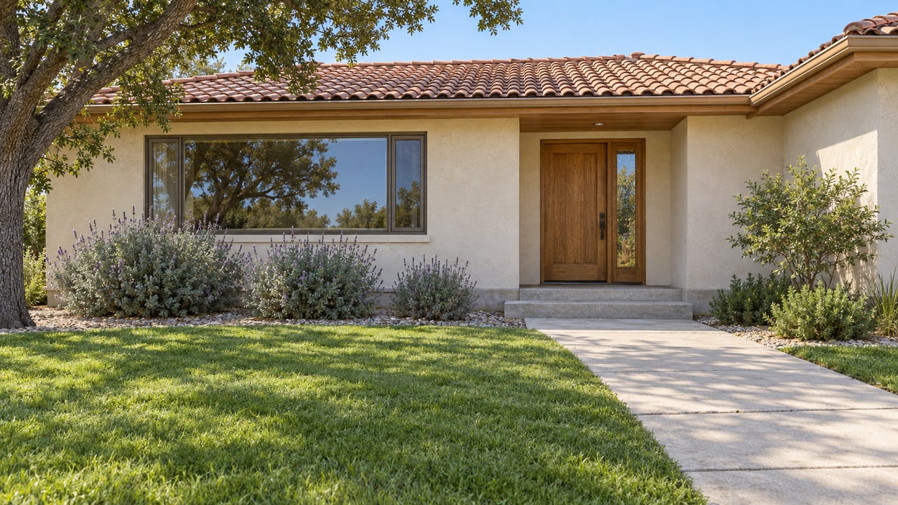 Sunlit single-story stucco home with a terracotta tile roof, oak entry door, deep lawn, and a concrete front walk beneath a spreading oak.