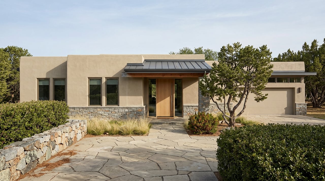 Single-story stucco home with a stone-clad entry, oak door, flagstone motor court, and piñon pine.