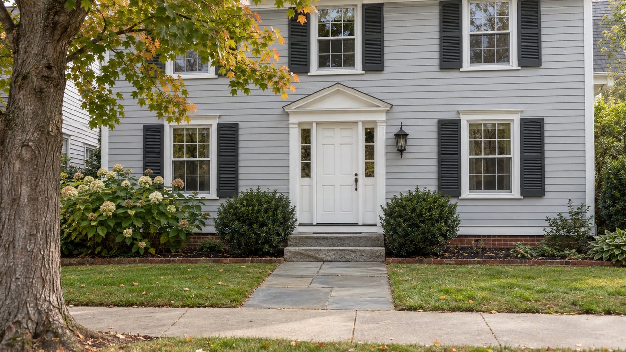 Compact two-story gray clapboard house with a white paneled door, granite steps, brick-edged beds, and an ambering maple.