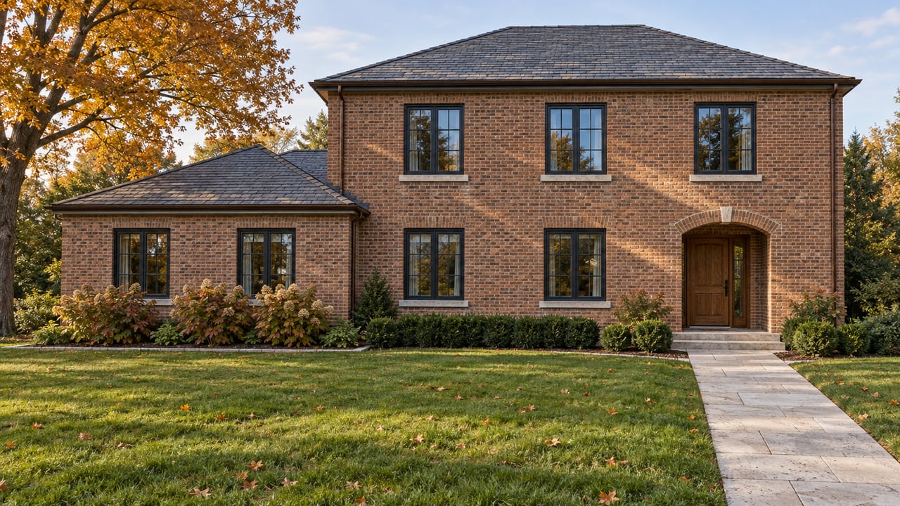 Substantial brick home with slate roofs, limestone approach, and a broad lawn beneath an amber-leaved maple.