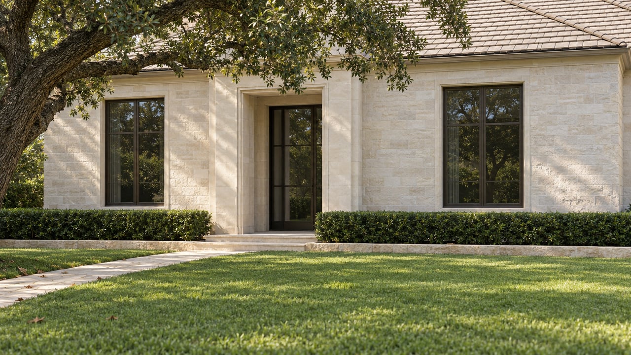 Cream masonry estate facade with a recessed glass door, bronze-framed windows, tiled roof, and oak branches above a broad lawn.