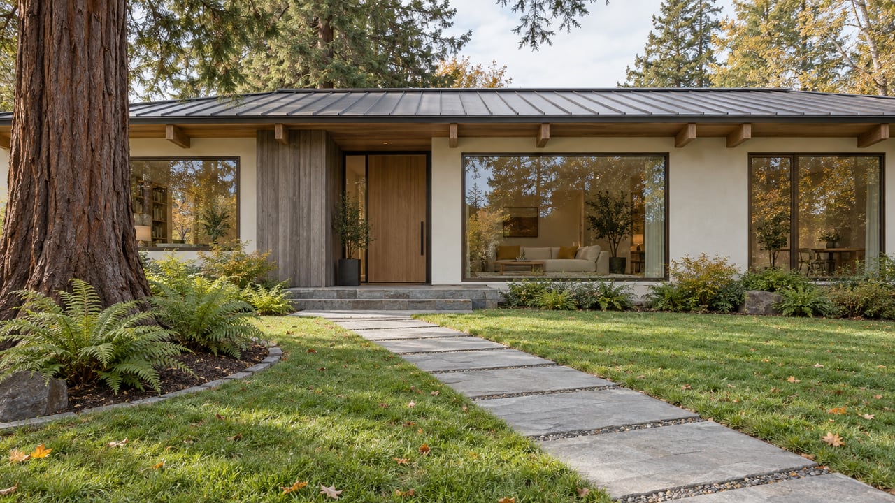 A stone garden path leads across autumn lawn to a low stucco and cedar home with broad windows and a mature redwood.