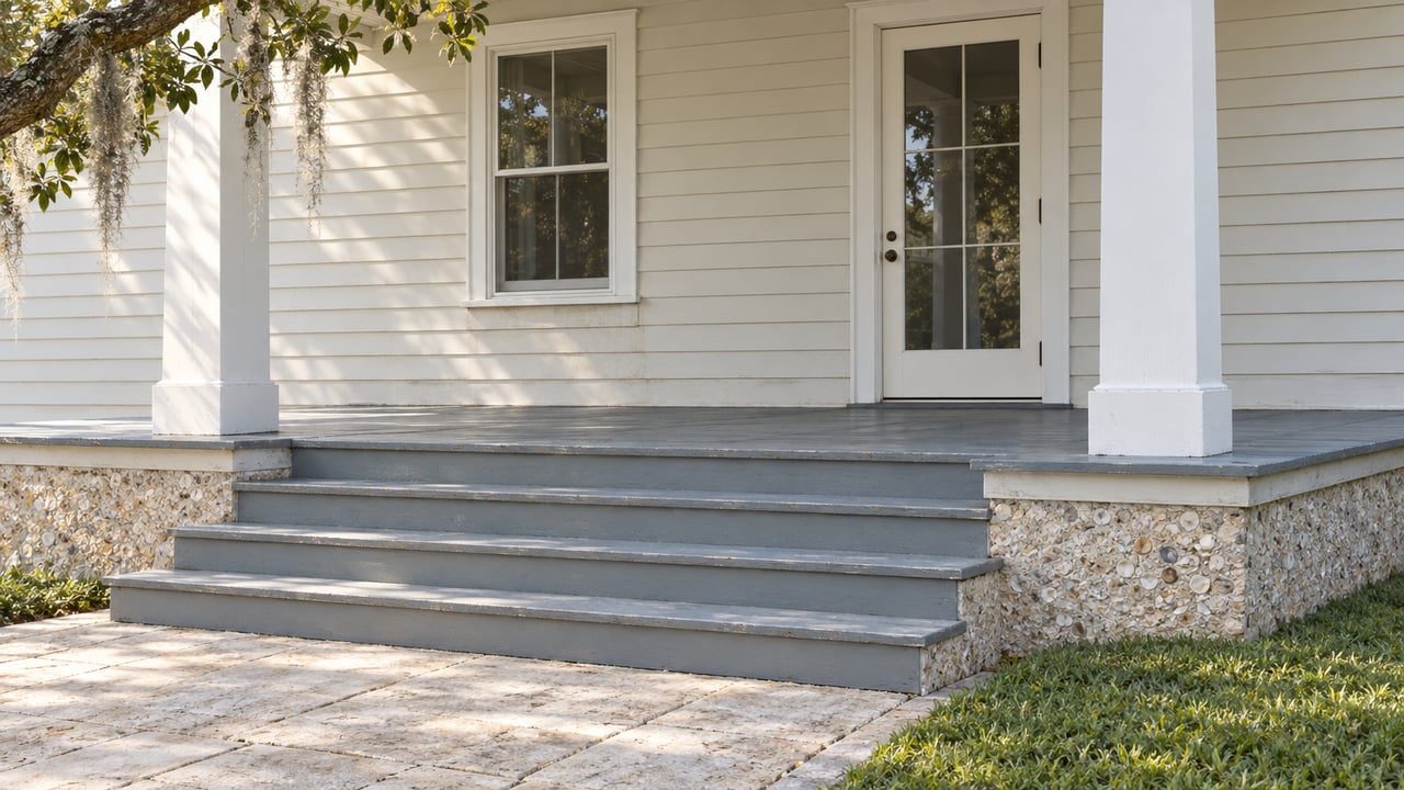 Ivory clapboard home with a blue-gray elevated porch, white columns, broad painted steps and a limestone approach beneath a live oak limb.