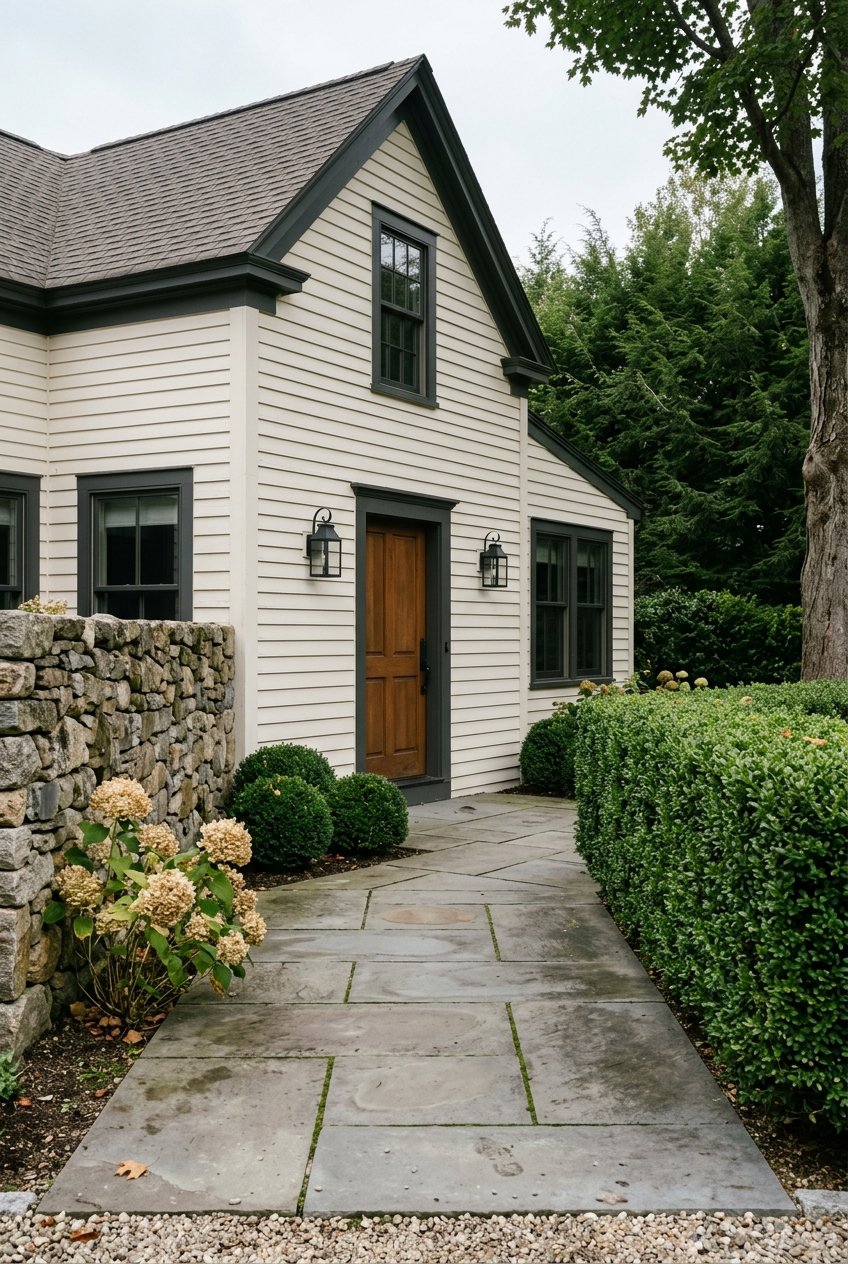 Exterior entry court with stonework and planting