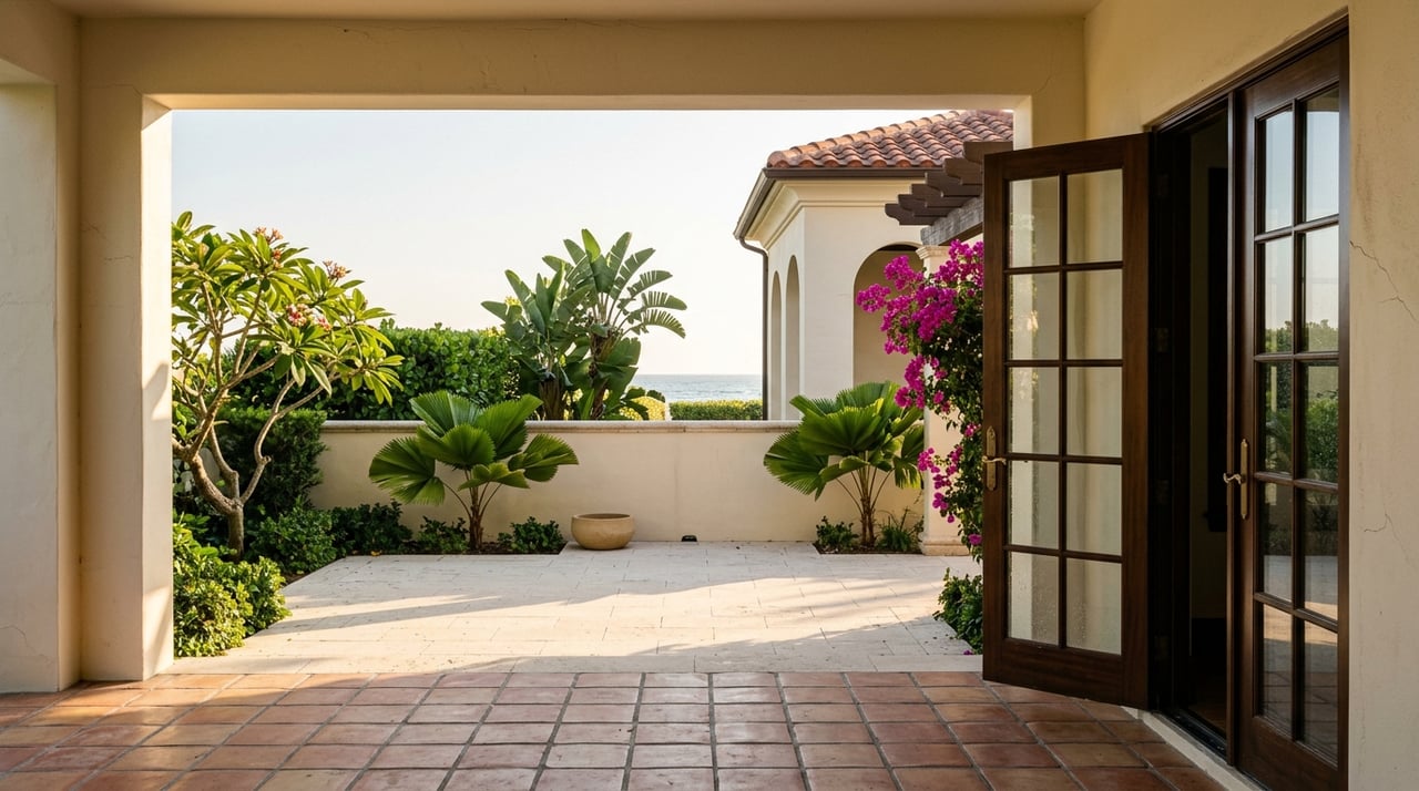 Arched loggia opens onto a sunlit coral-stone terrace, with tropical plants framing a glimpse of ocean.