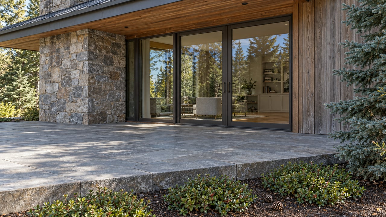 Stone and cedar home with a sheltered terrace, bronze-framed glass doors and a mature spruce beside the facade.