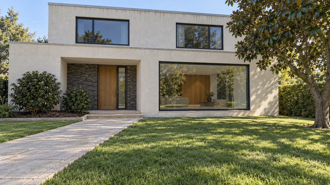 A two-story home with pale stucco, an oak entry and large windows behind a deep lawn and limestone approach.