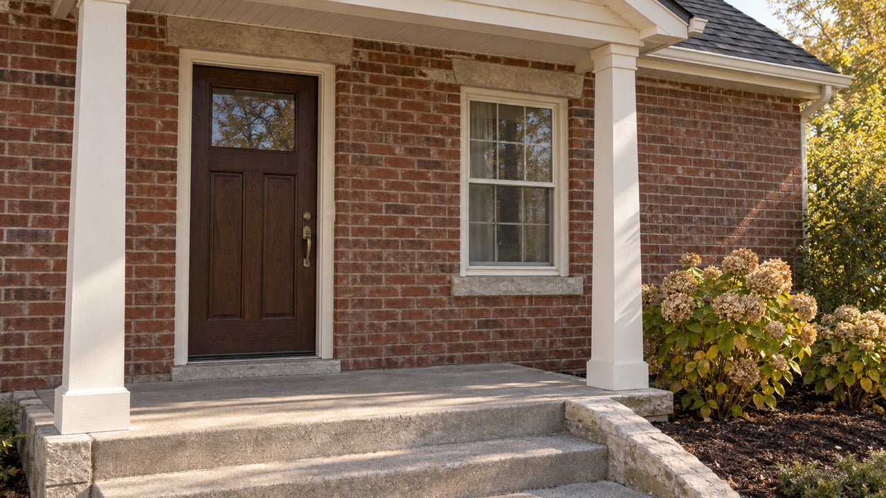 Brick home's covered front entry with an oak door, limestone details, concrete steps, and autumn hydrangeas.