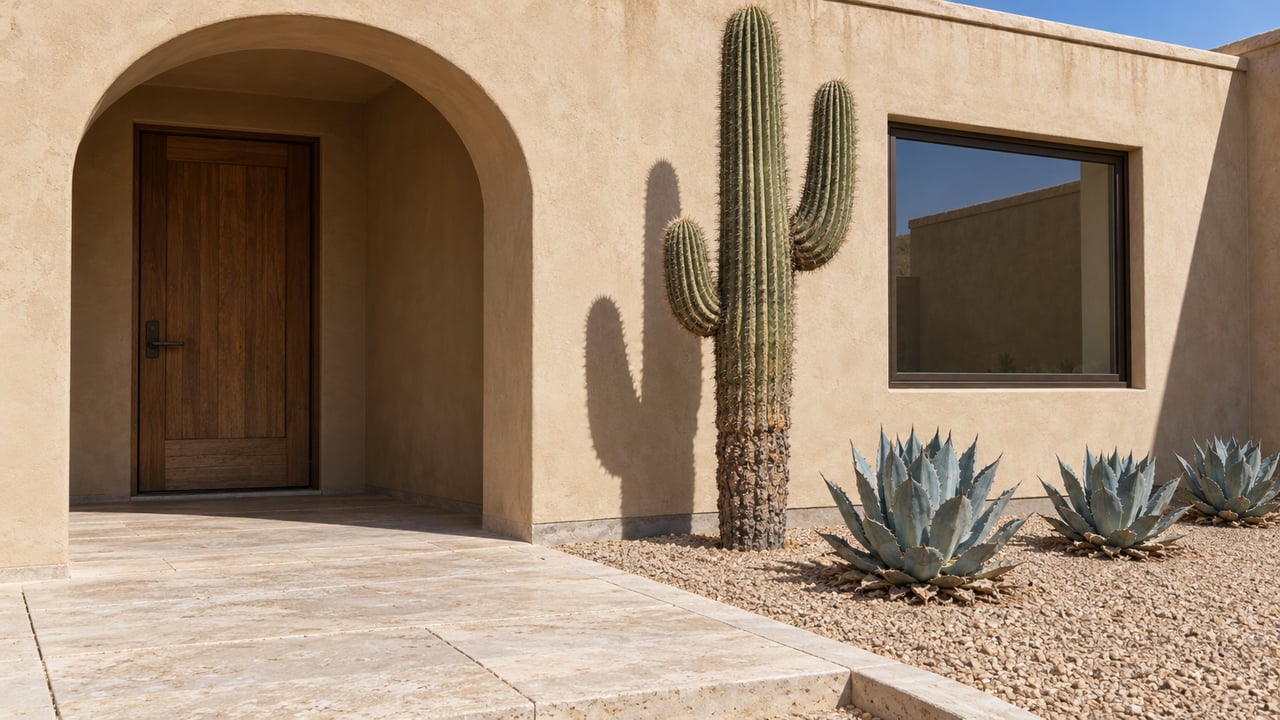 Sunlit warm stucco home entry with an arched recess, oak door, bronze-framed window, and sculptural cactus beside a limestone approach.