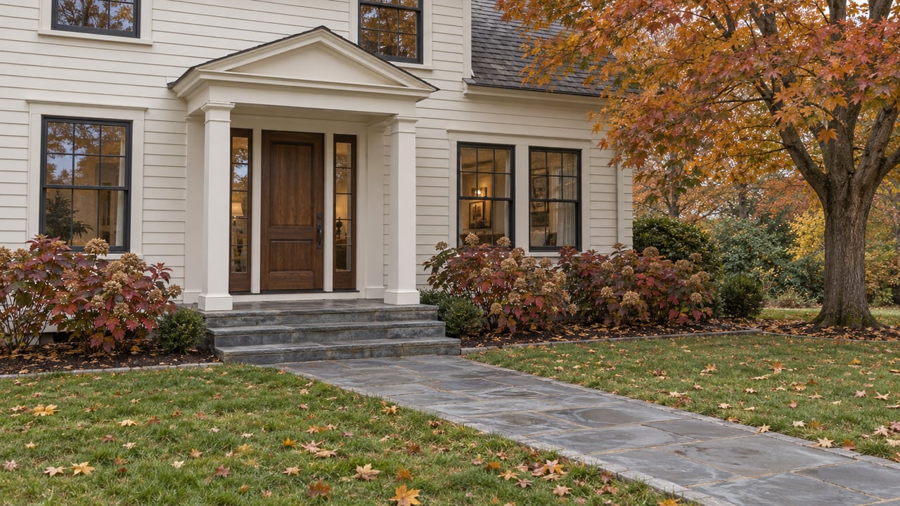 Cream clapboard home with a walnut entry, bluestone approach and amber maple canopy across an autumn lawn.