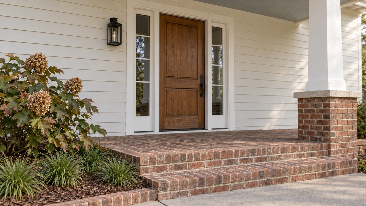 Oak front door with paired sidelights beneath a white porch, with brick steps and an oakleaf hydrangea beside the approach.