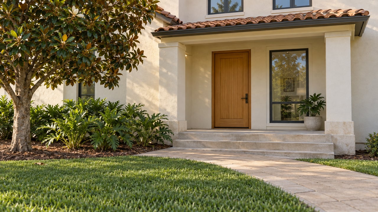 Sunlit stucco house entry with terracotta roof tiles, a timber door, a broad green lawn and sculptural garden planting.