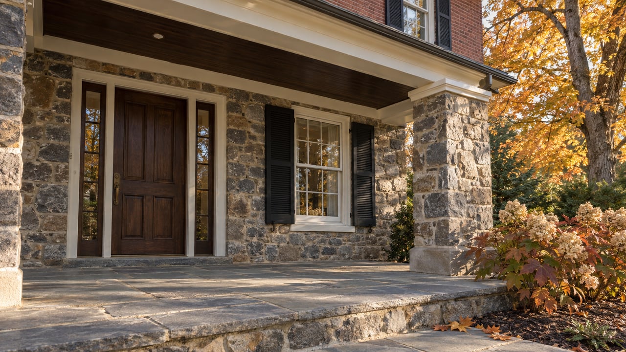Autumn light on a fieldstone home's covered flagstone entry, dark oak door, black shutters, and russet oakleaf hydrangeas.