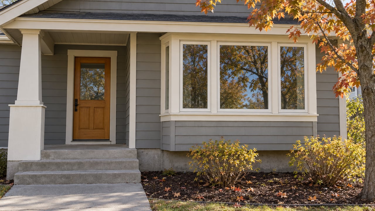 Gray-sided house with a recessed wood door, three-section window, concrete steps, and amber-leaved tree.