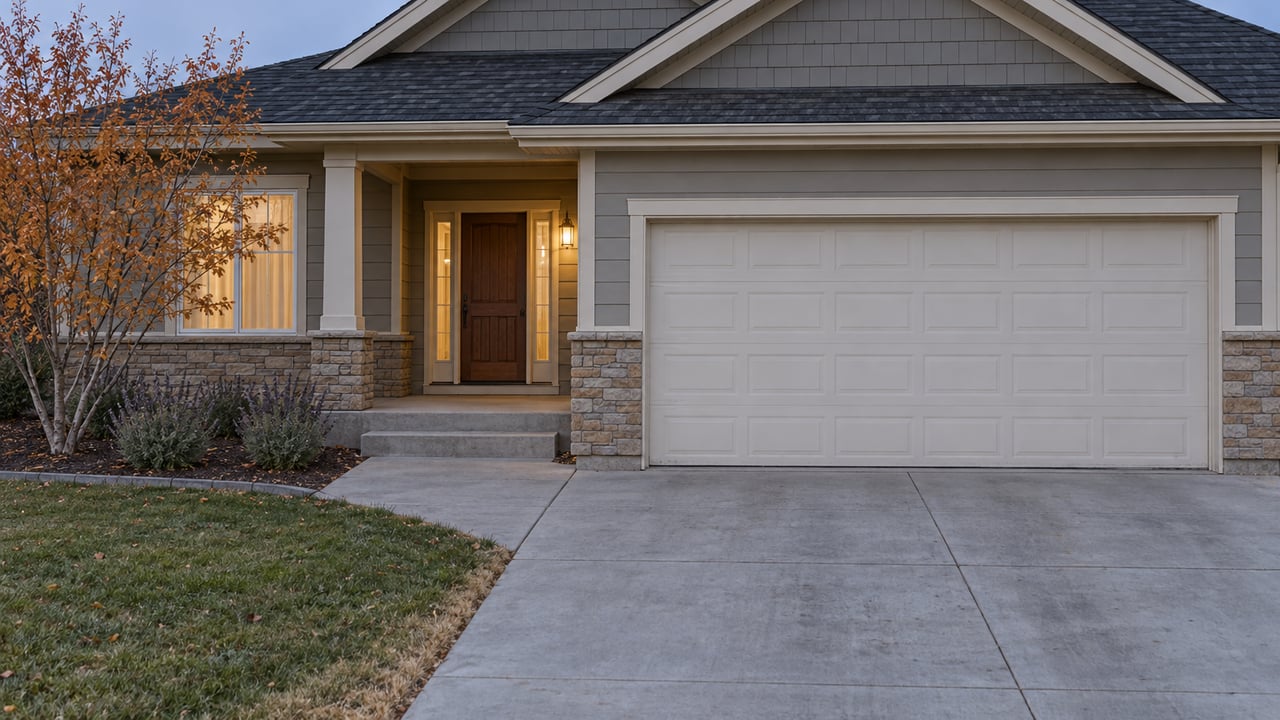 Gabled family home with gray lap siding, stone porch base, a broad concrete driveway and warm entry lighting before sunrise.