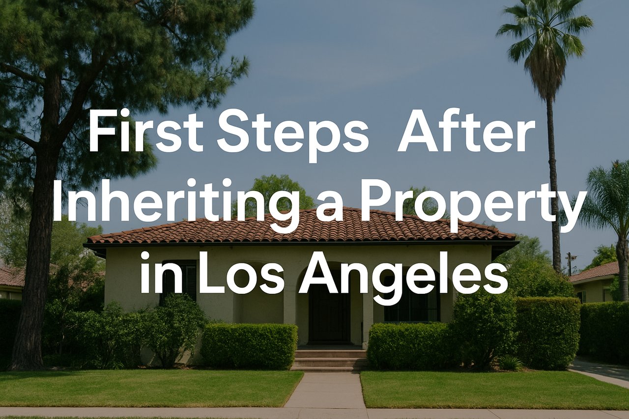 CA Bungalow style single story home with trees well-trimmed lawn and hedges in front with text reading - First Steps After Inheriting a Property in Los Angeles