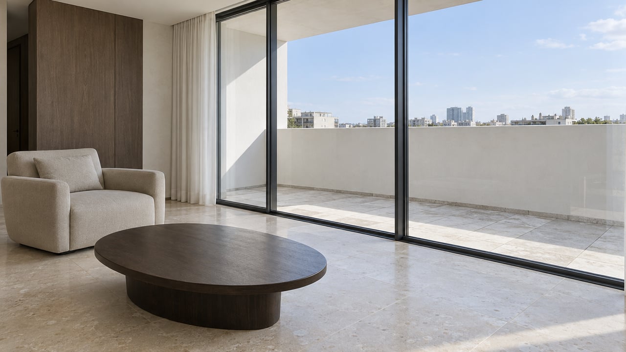 Condo living room with a pale lounge chair, oval wood table, limestone floor, and floor-to-ceiling terrace glazing.