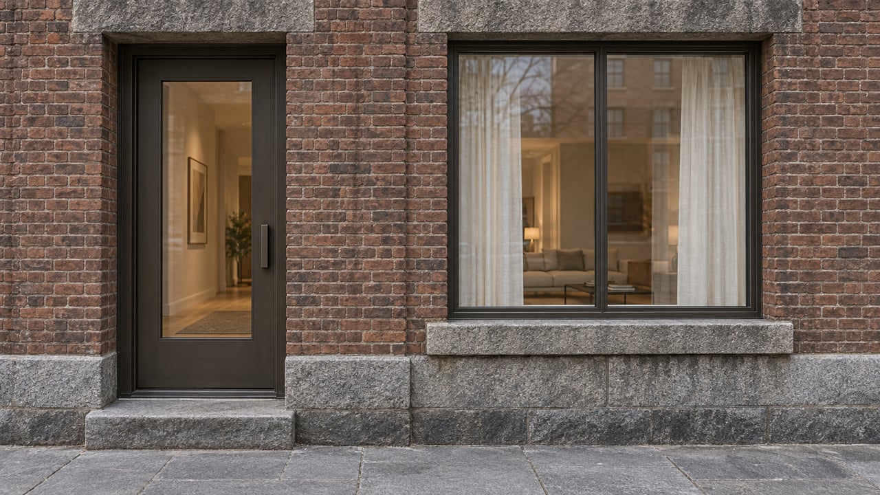 A brick residential facade with granite lintels, a recessed bronze-framed glass door and a tall apartment window above a stone sidewalk.