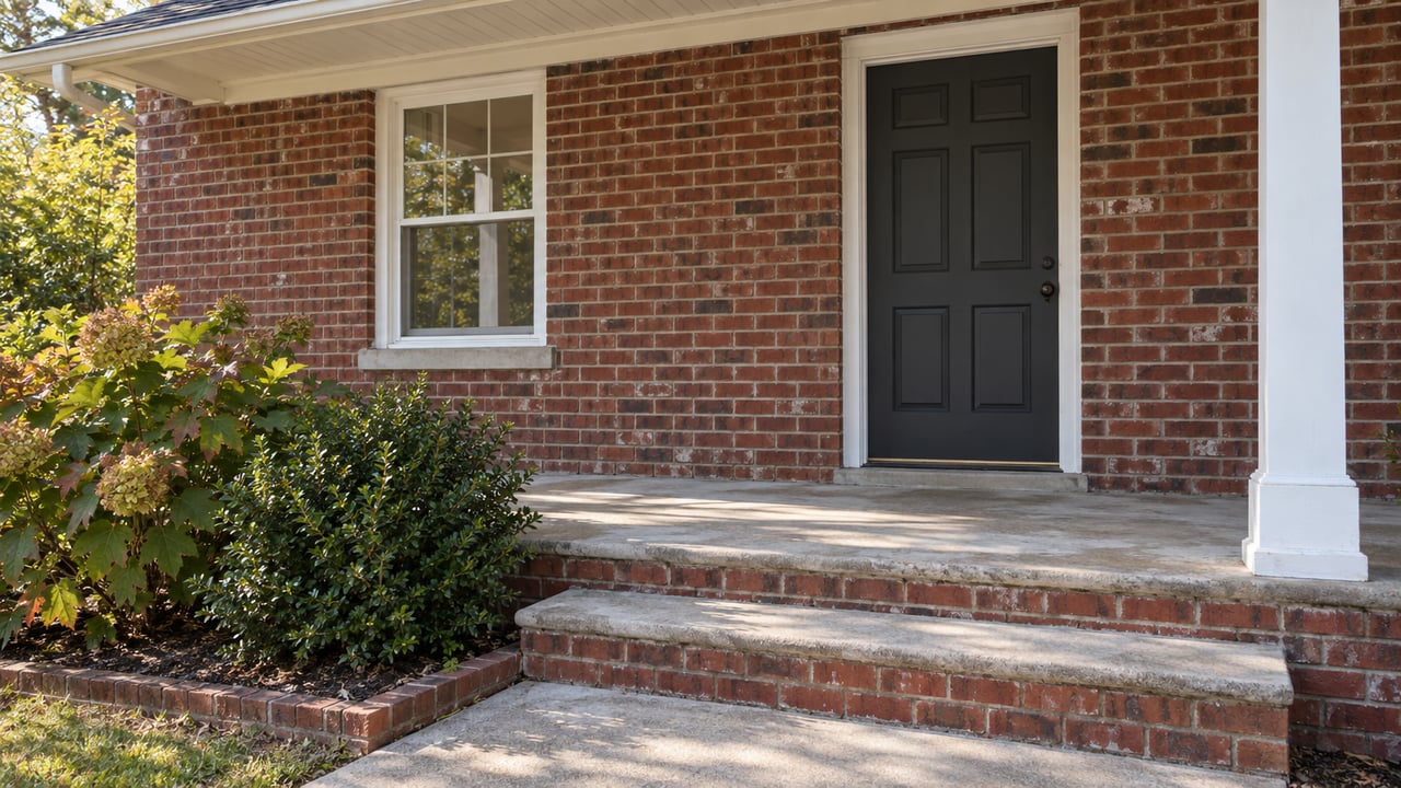 Red-brick home entrance with a dark paneled door, white-trimmed window, concrete steps, and small planted bed.