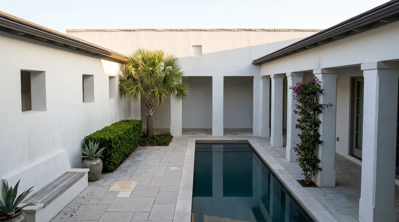 Enclosed white-stucco courtyard with a narrow pool, gallery columns, palm, bougainvillea, and an agave urn.