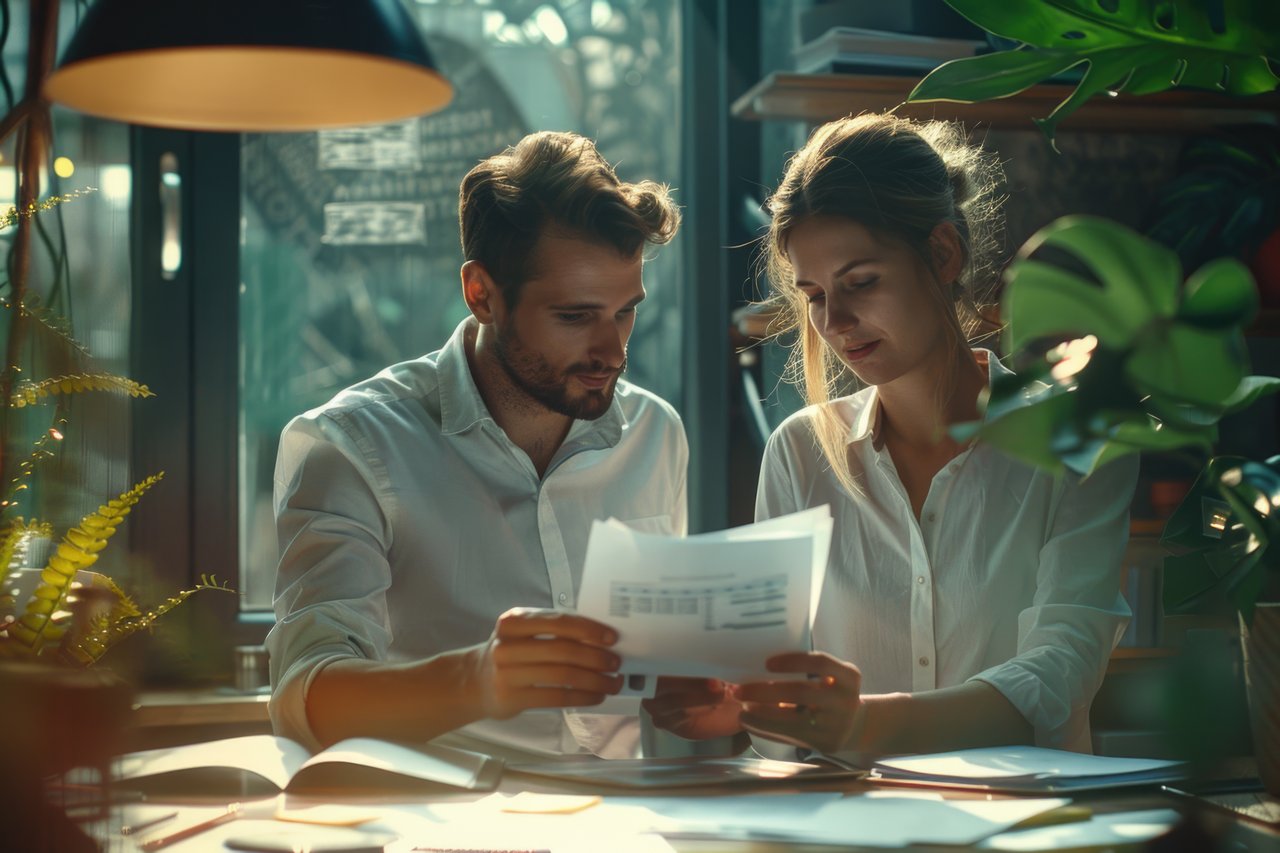 A man and woman in white shirts review documents in an office filled with plants and natural light, using a platform that offers career resources for real estate agents.