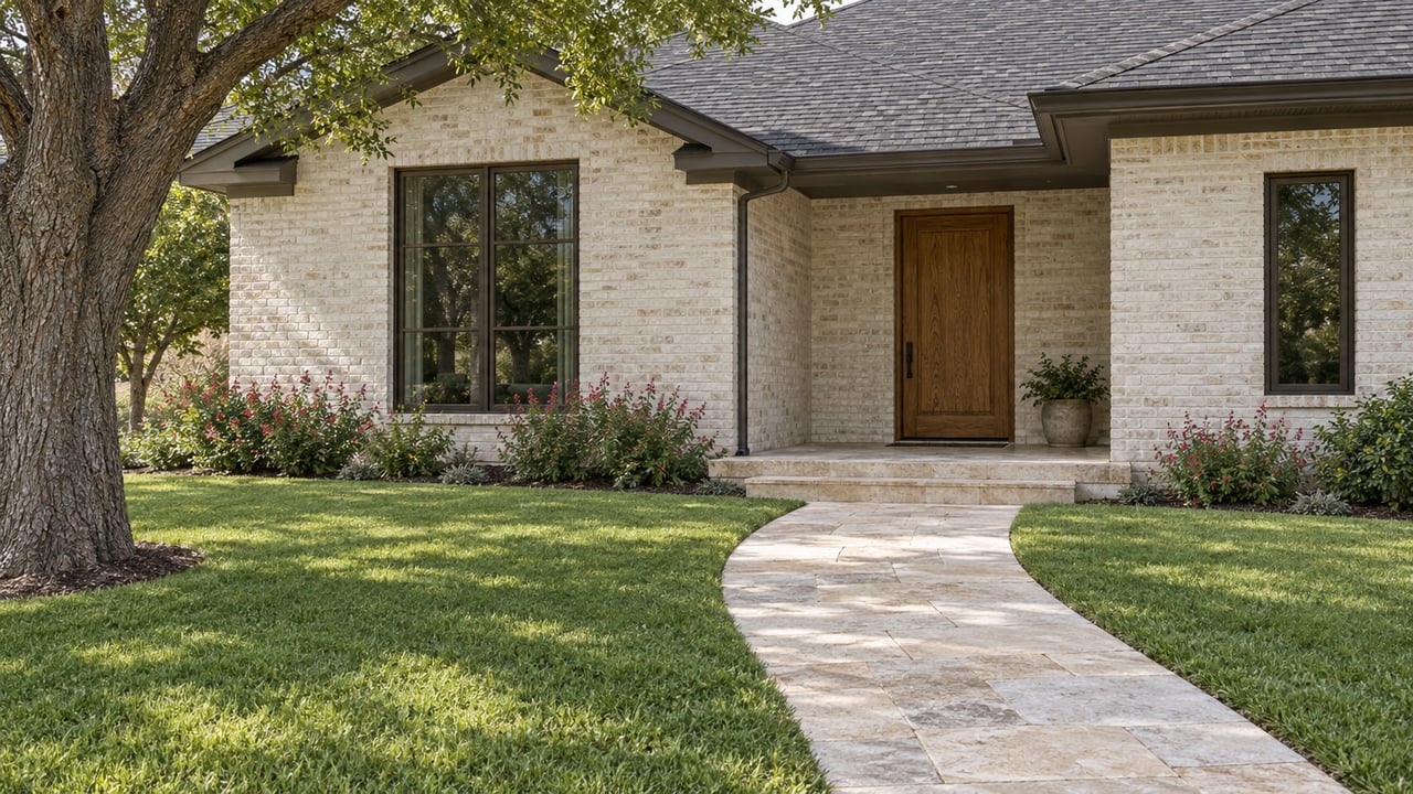 Off-white brick home with a recessed oak entry, limestone-paver walk, and broad lawn beneath a dark roof.