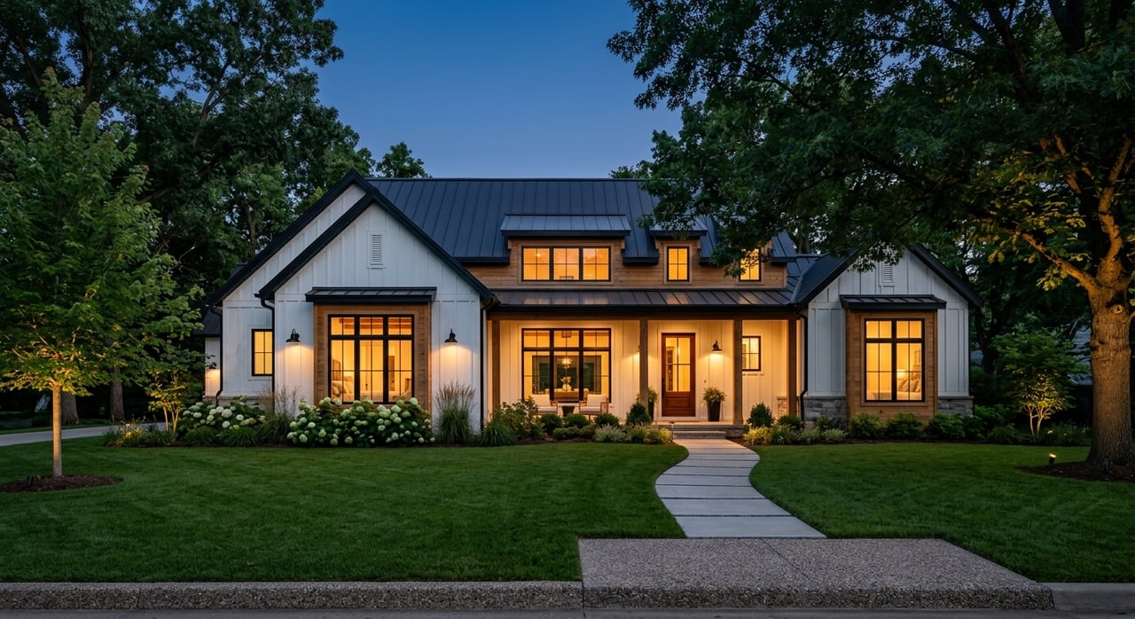 Warm-white gabled house with glowing windows, a covered entry, and a straight walk across the lawn at blue hour.