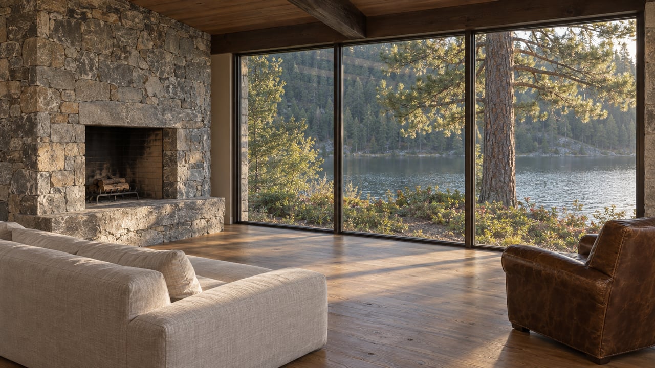 Lakeside living room with a limestone fireplace, linen sofa, leather chair, and still water beyond glass walls.