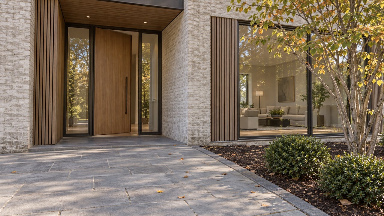 Recessed glazed entry with a pivot door beside a large window, oak slats, and a stone-paved approach.