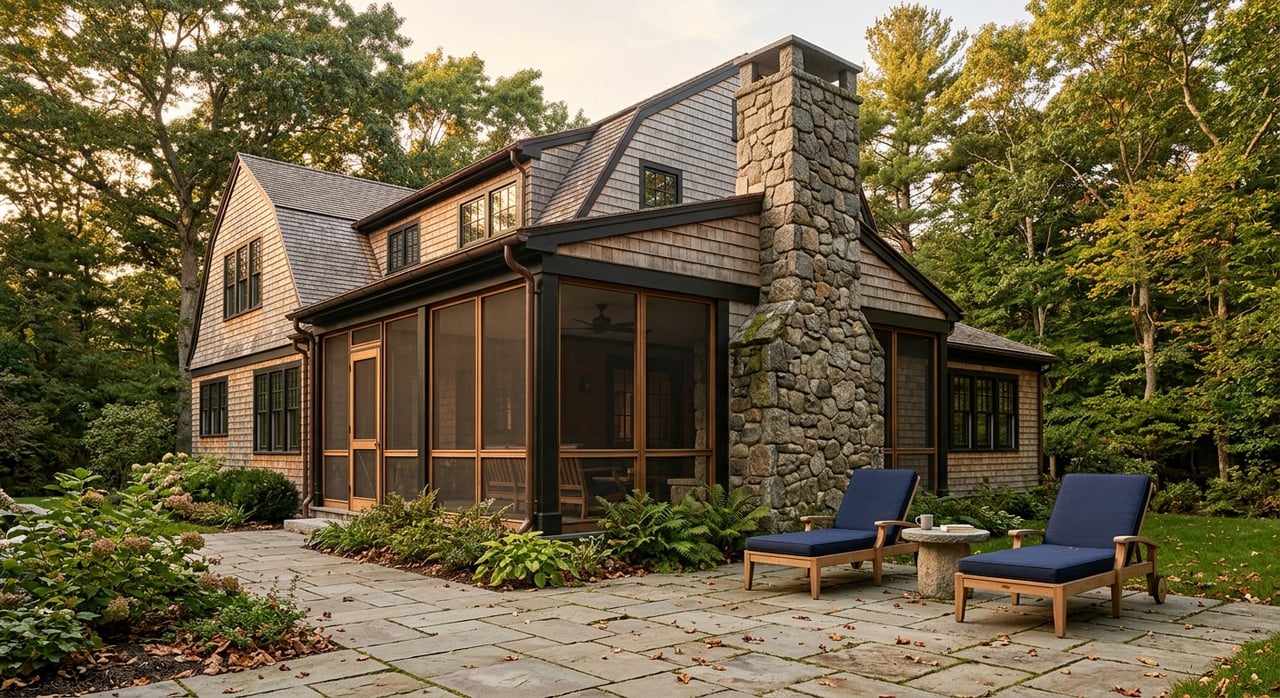 Screened cedar-shingle porch with black French doors and fieldstone chimney above a bluestone terrace.