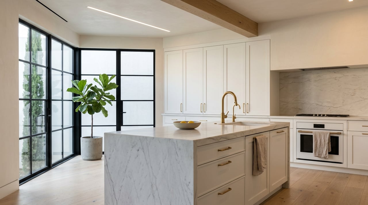 Marble waterfall island with a bowl of lemons, white shaker cabinets, and a fiddle-leaf fig beside steel-framed windows.