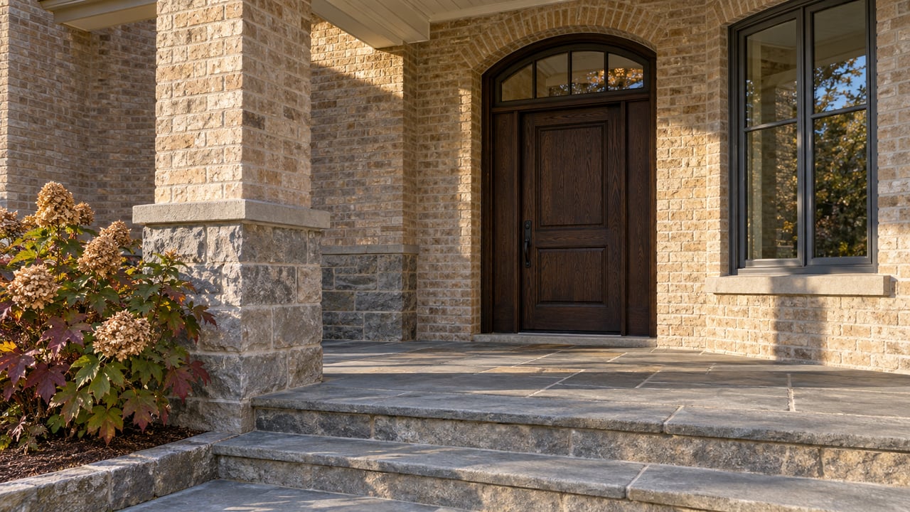 Close view of a buff-brick porch with a recessed arched oak entry, stone steps and an oakleaf hydrangea.