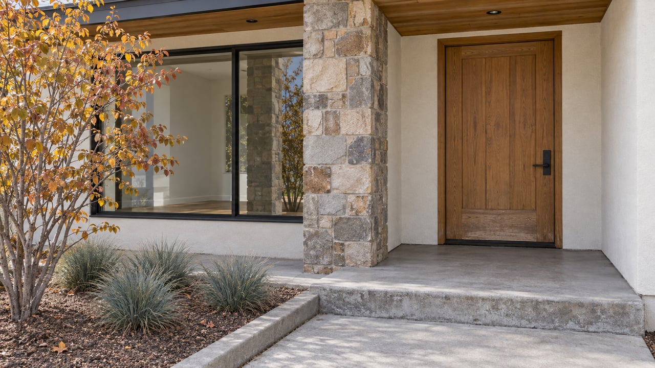 Covered home entry with an oak door, black-framed window, taupe stone pier and autumn serviceberry beside a concrete step.
