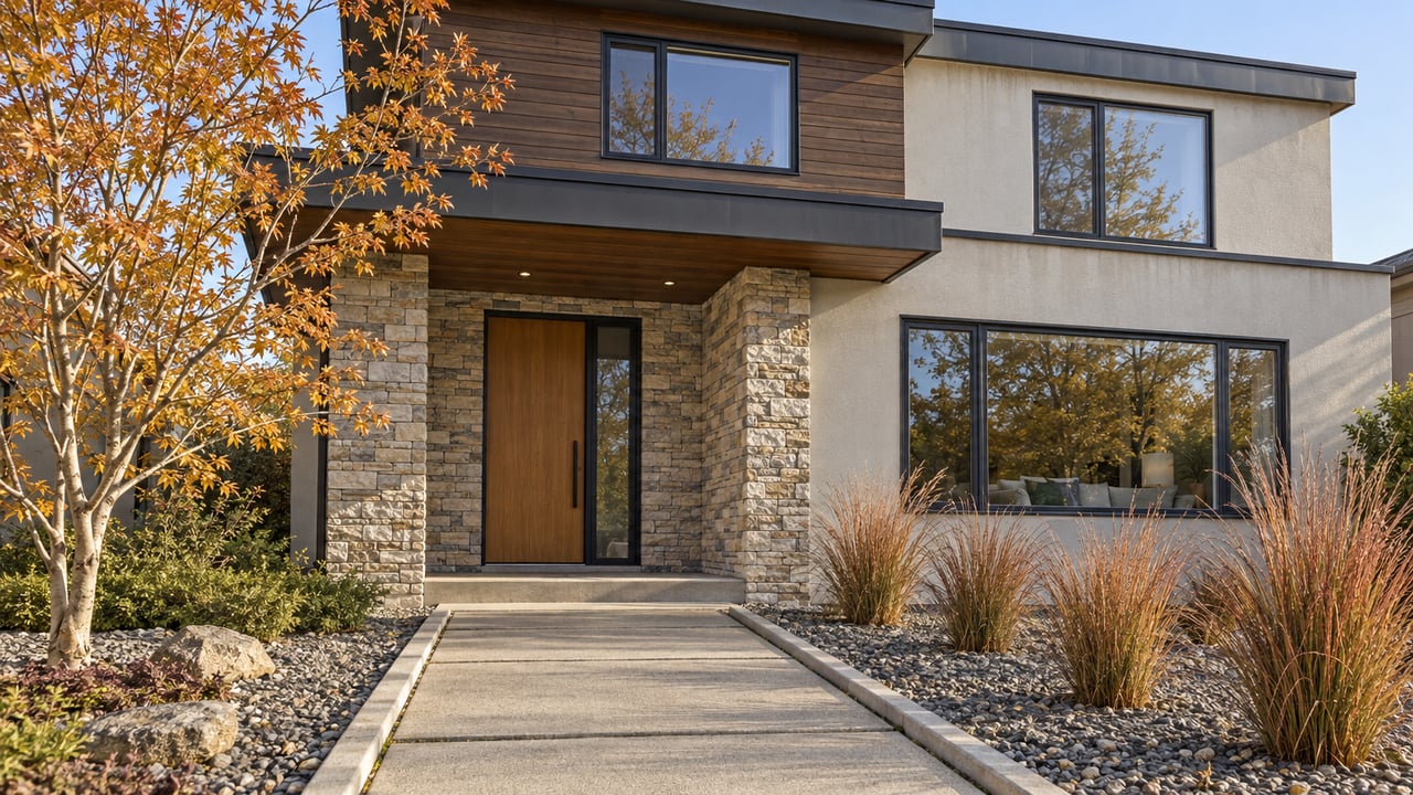 Modern two-story home with light stucco, dark cedar siding, stone entry and a compact autumn garden beside a concrete approach.