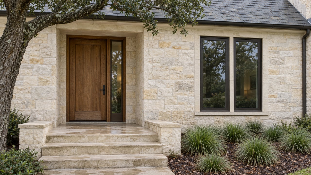 Rain-softened limestone entry with an oak door, dark-framed windows, broad stone steps, and a mature live oak.