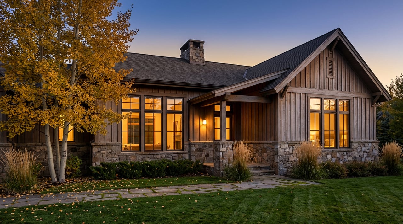 Mountain-contemporary home with glowing windows, a fieldstone facade, and golden aspens beside the entry.