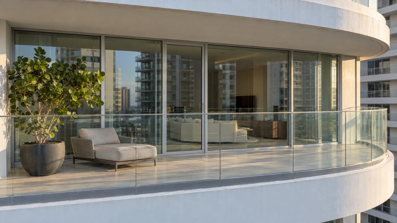 Rounded white concrete balcony with glass balustrade, a sea grape tree and enclosed living room behind floor-to-ceiling windows.