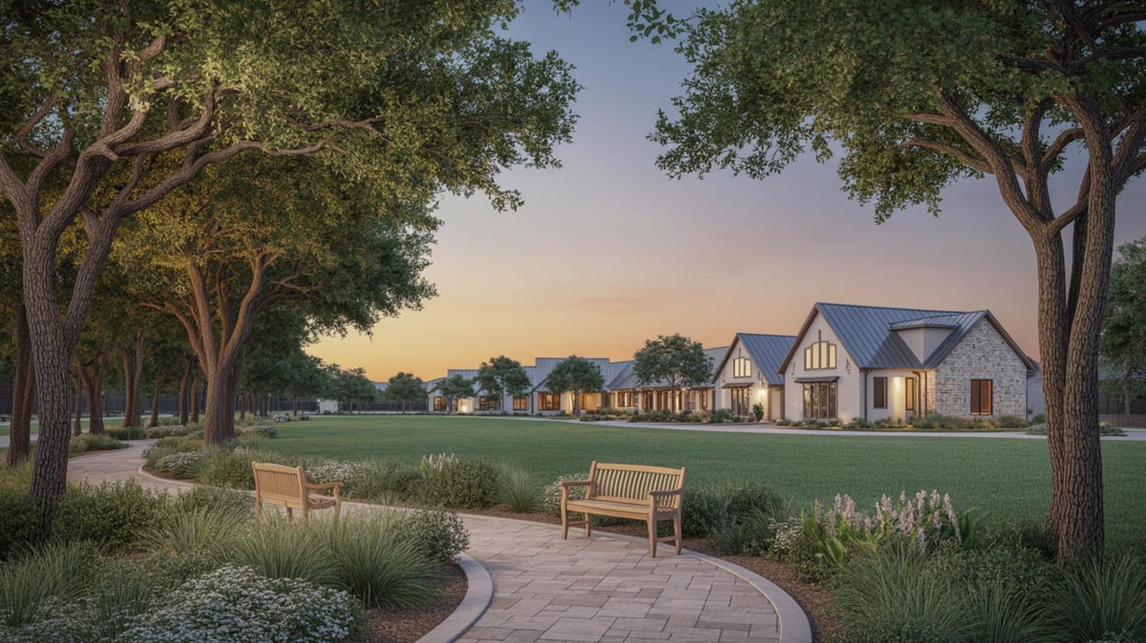Curving paved path and wooden benches frame a grassy common, with modern homes beneath mature trees at sunset.
