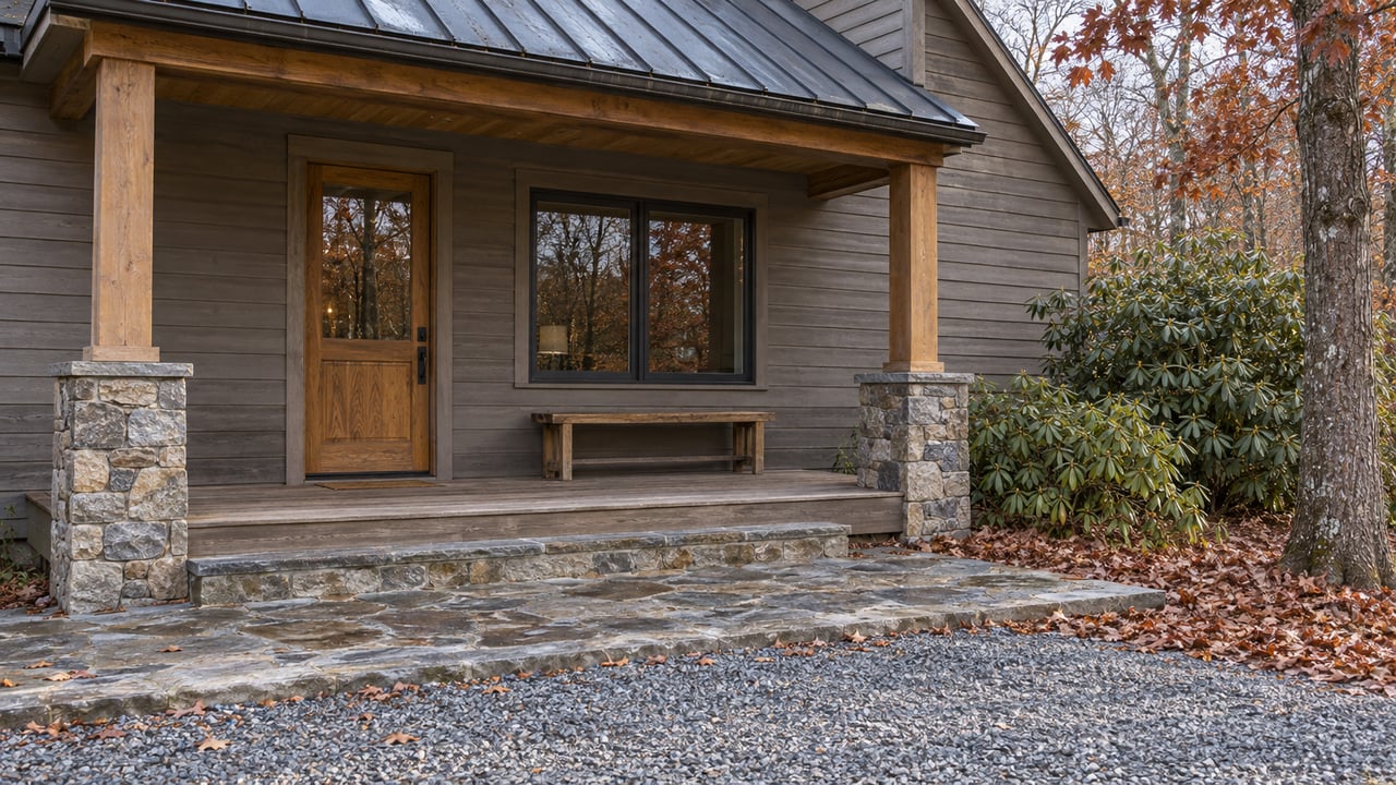 Weathered wood-sided home with a covered timber porch, stone steps and sparse autumn foliage.