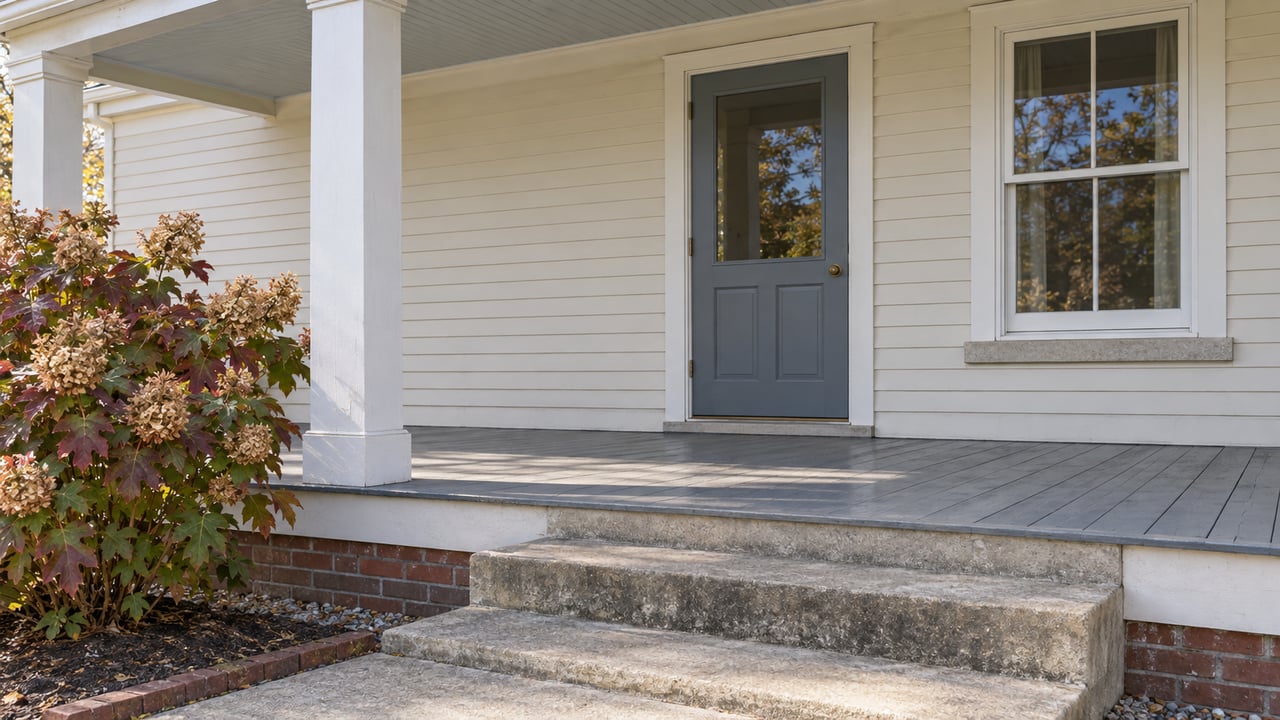Ivory clapboard home entry with a blue-gray door, painted timber porch, concrete steps and autumn oakleaf hydrangea.
