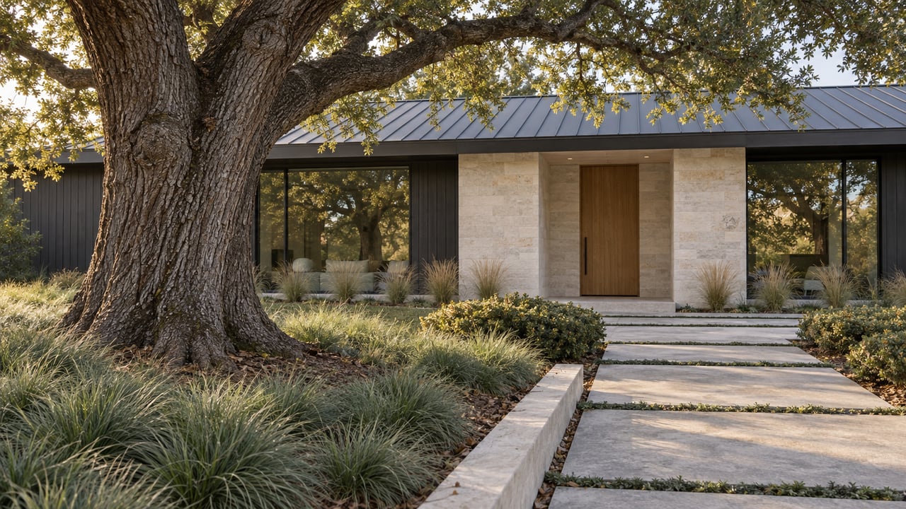 A mature oak stands before a contemporary limestone-and-charcoal home, beside a concrete path through planted ground.